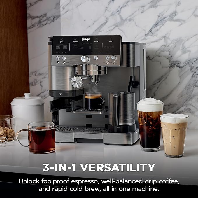 Ninja LUXE CAFÉ Premier Series, espresso machine, drip coffee machine and quick cold brew, integrated grinder, assisted integration, hands-free whisk, for cappuccinos and lattes, dairy products.
